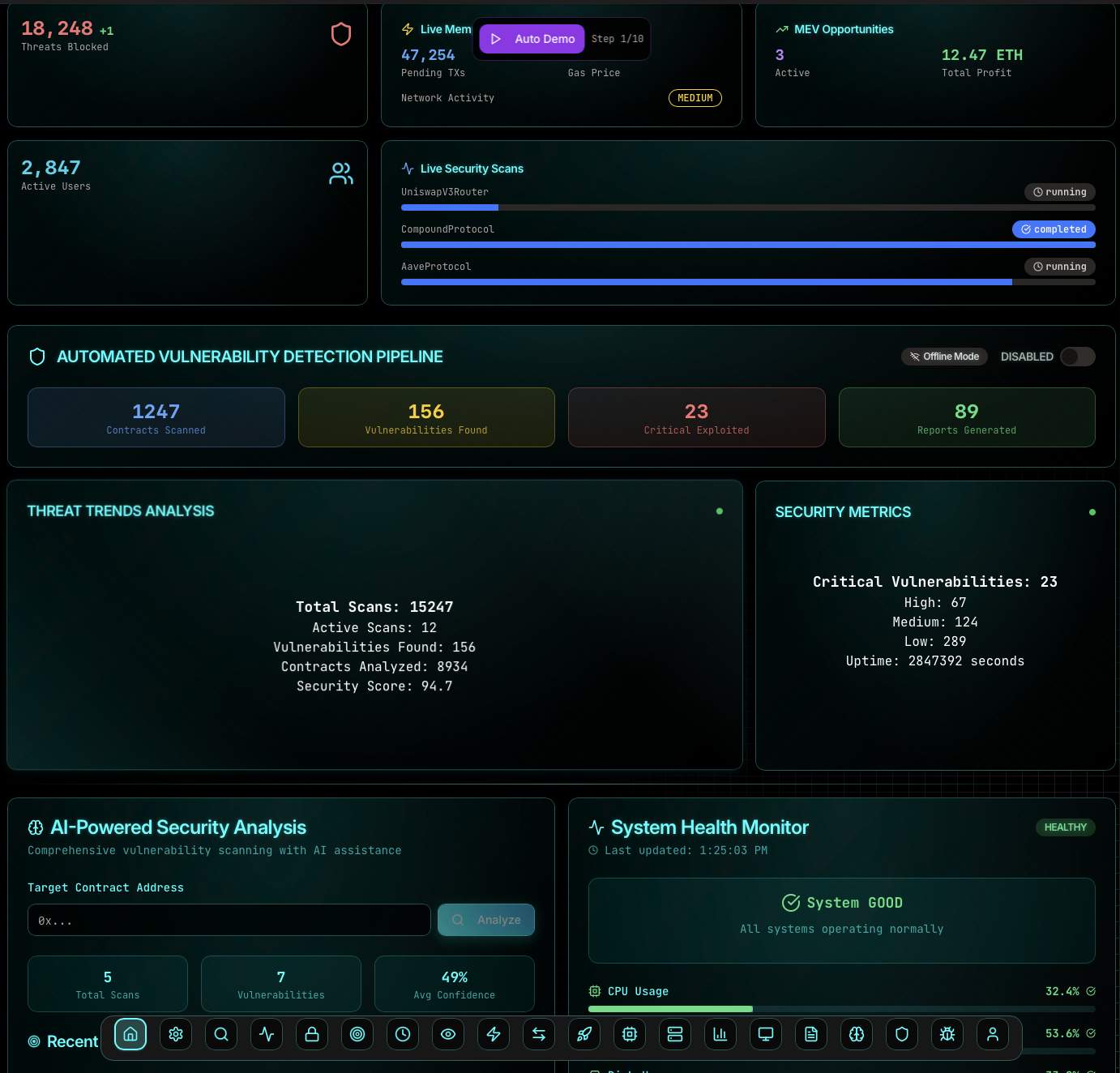Dashboard showing vault balances and positions
